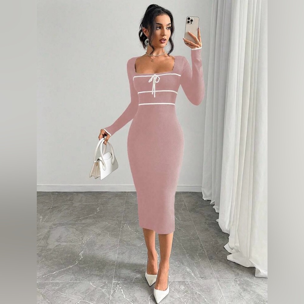 SHEIN Raffinéa Square Neck Long Sleeve Tie Waist Bowknot Sweater Dress